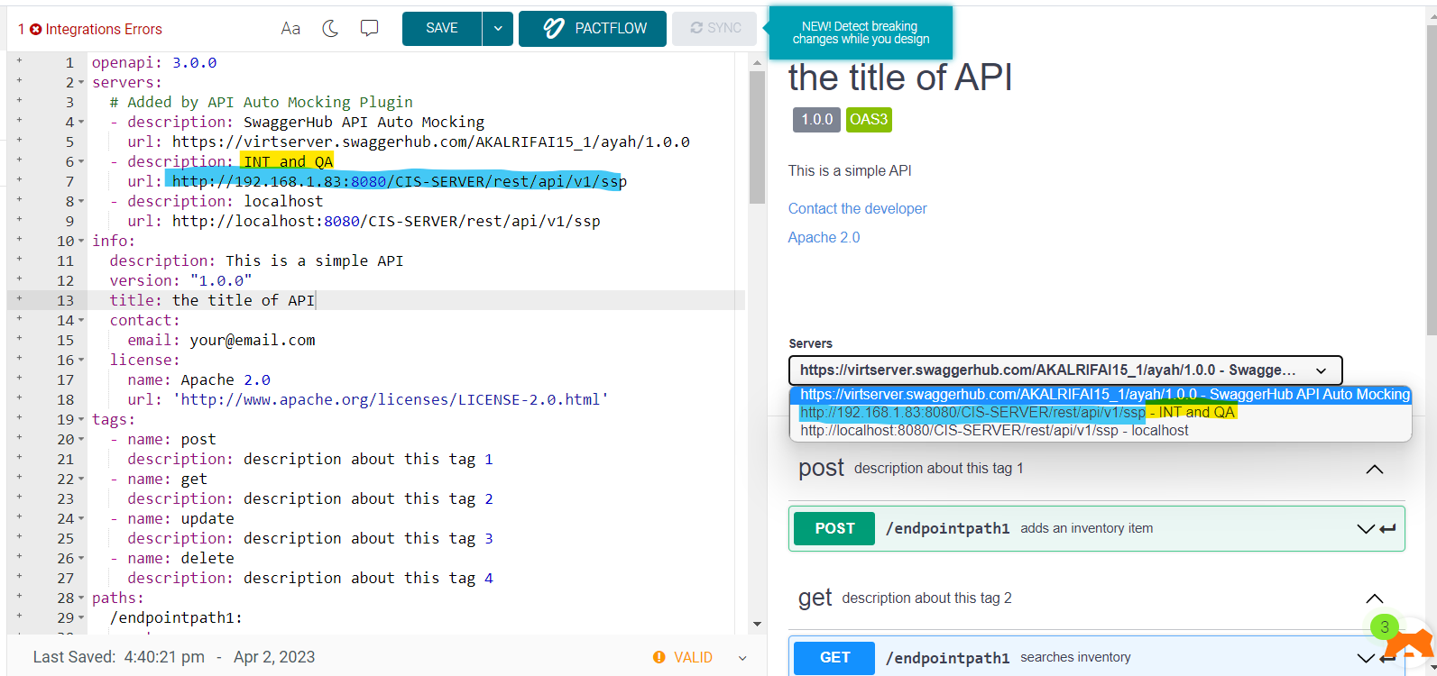 screenshot from swagger website